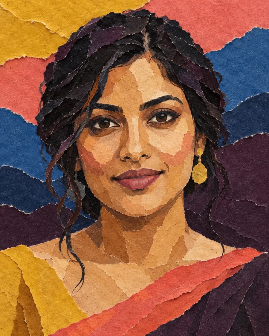 Torn-paper collage profile picture style reference