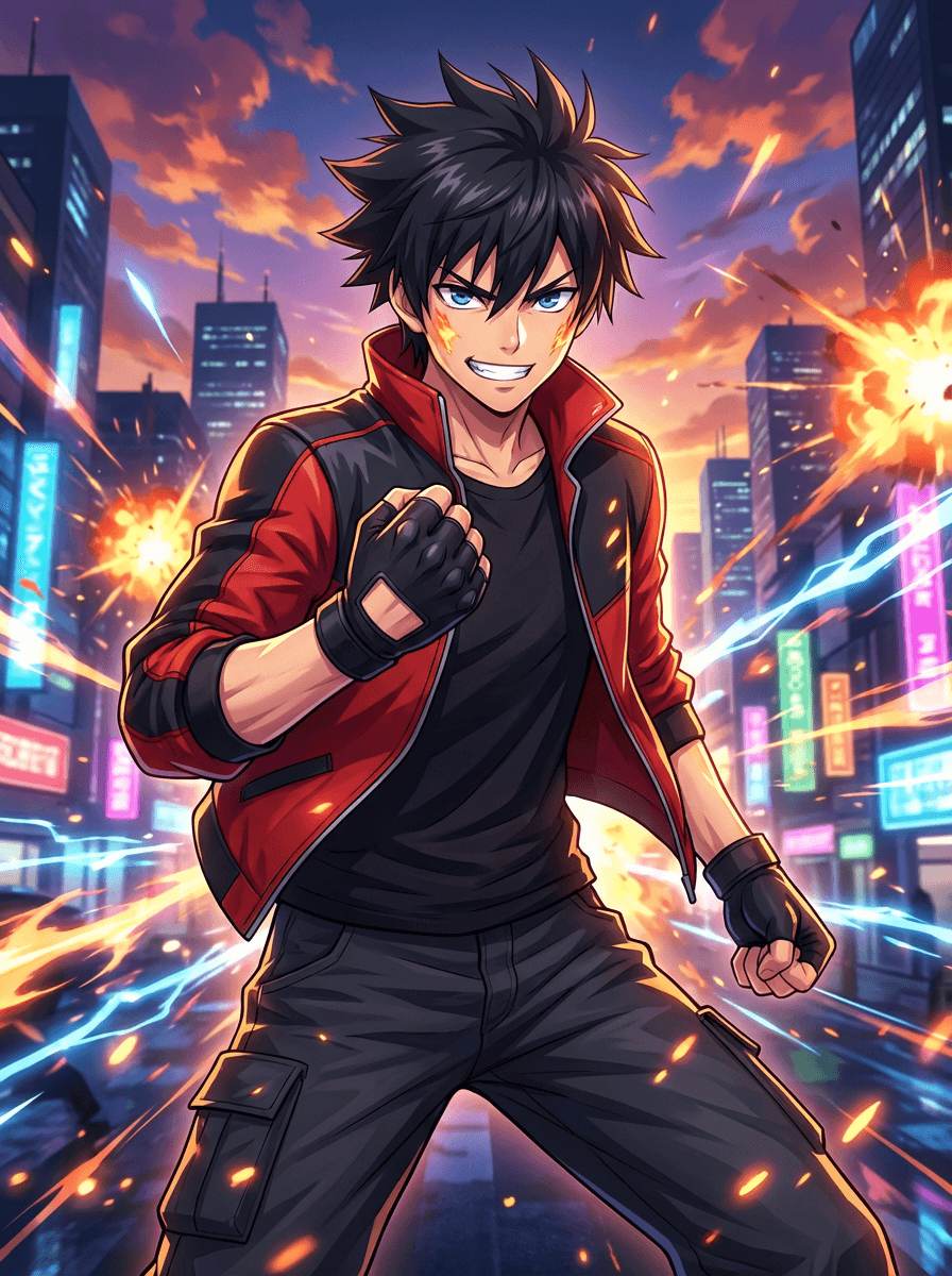 Action manga reference with spiky dark hair, a red jacket, sparks and a neon city