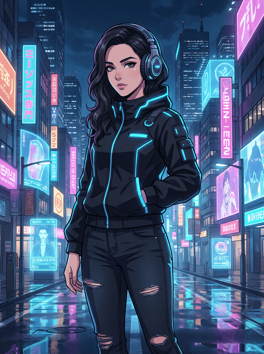 Full sci-fi street reference with jacket, headphones and neon streets