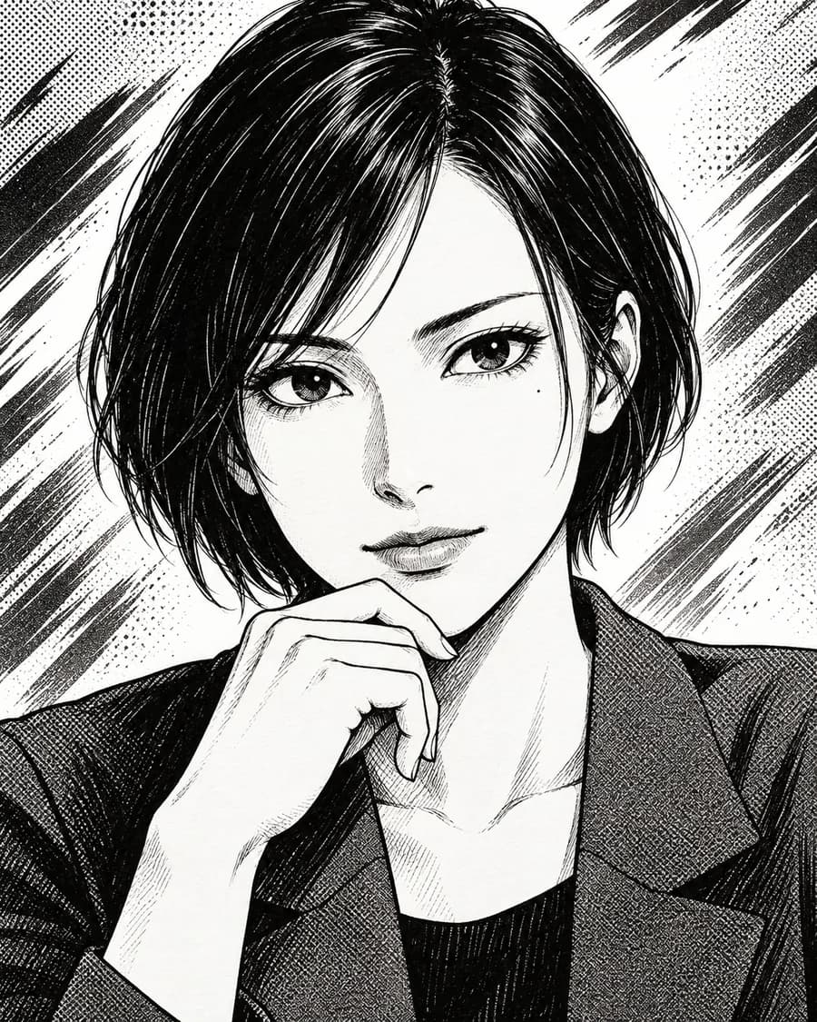 Black-and-white Japanese ink manga portrait with dense hair strokes and screen tones