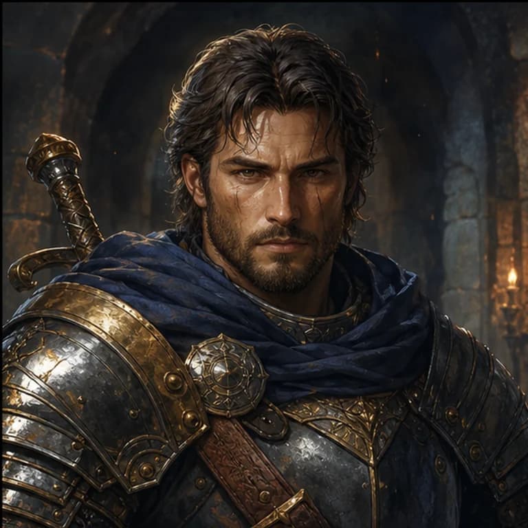 Fictional armored warrior reference with a visible face, dark blue scarf, metallic shoulder armor and a sword hilt