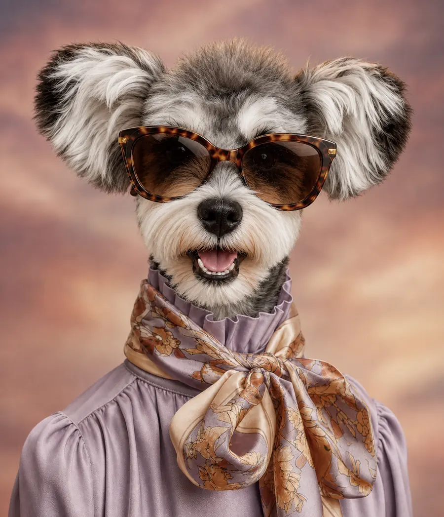 Separate pet style reference: gray-and-white dog wearing large brown sunglasses and a tied scarf