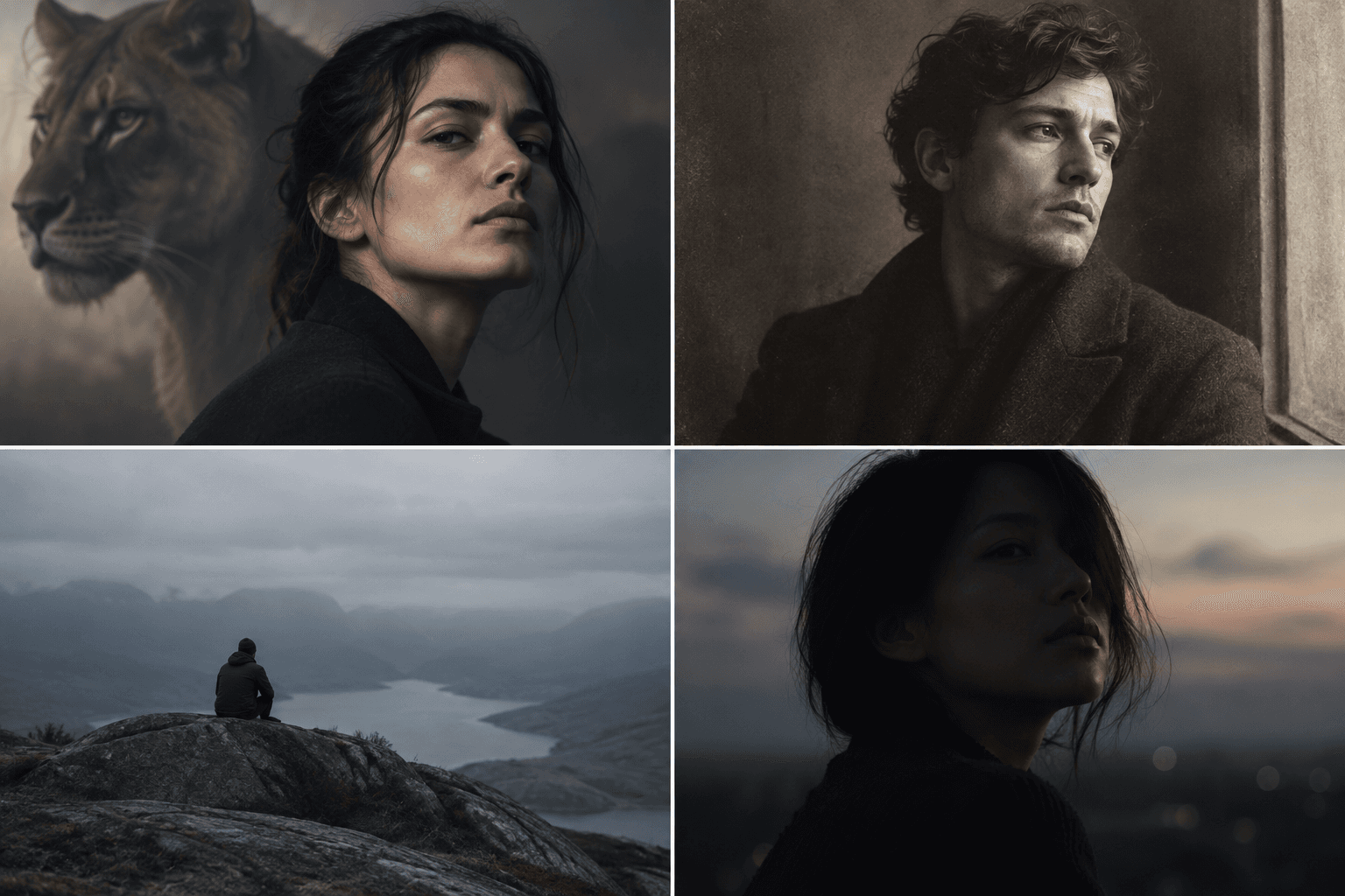 Four fictional profile picture concepts showing intensity, nostalgia, isolation and emotional distance