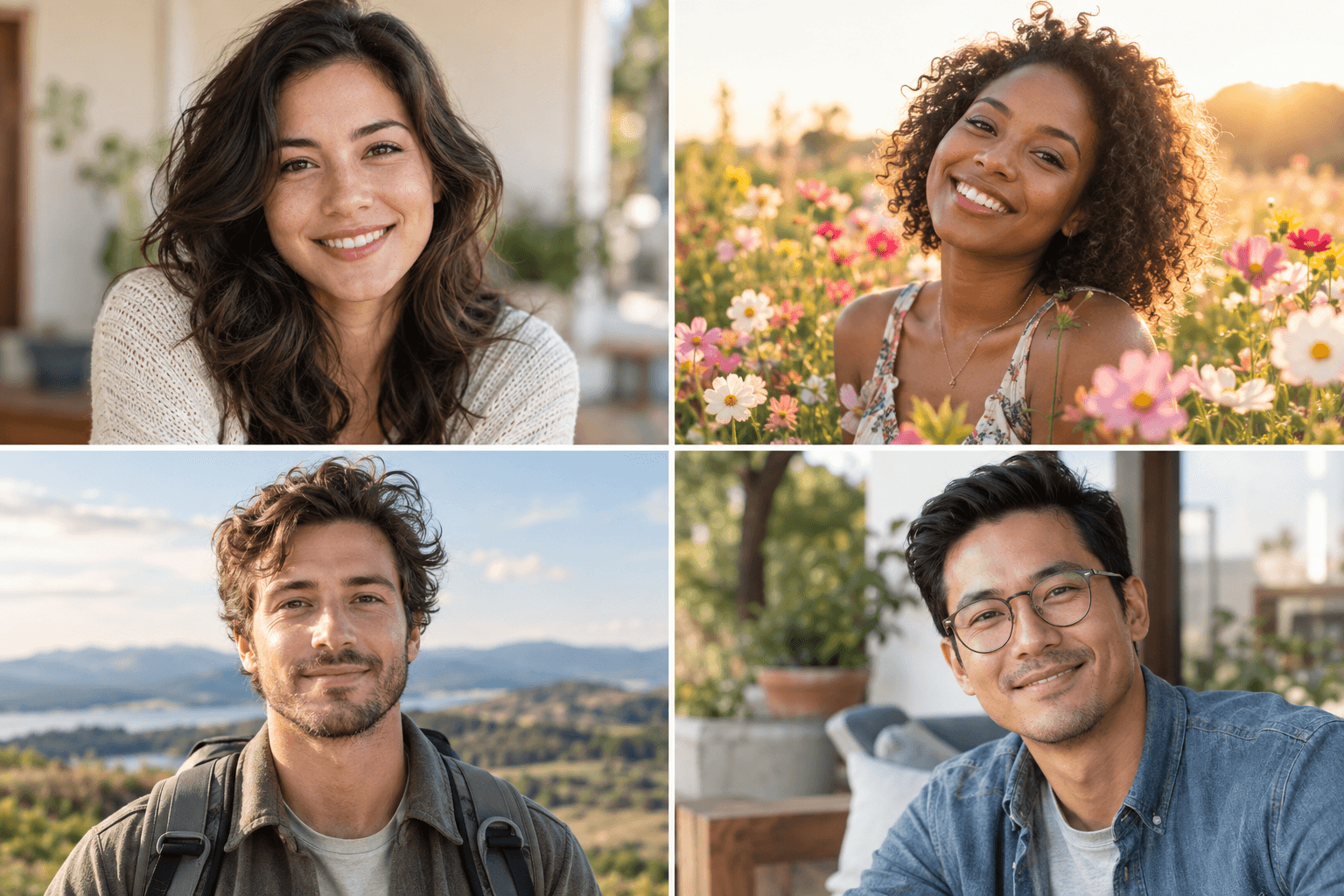 Four fictional profile picture concepts showing openness, vitality, calm and trust
