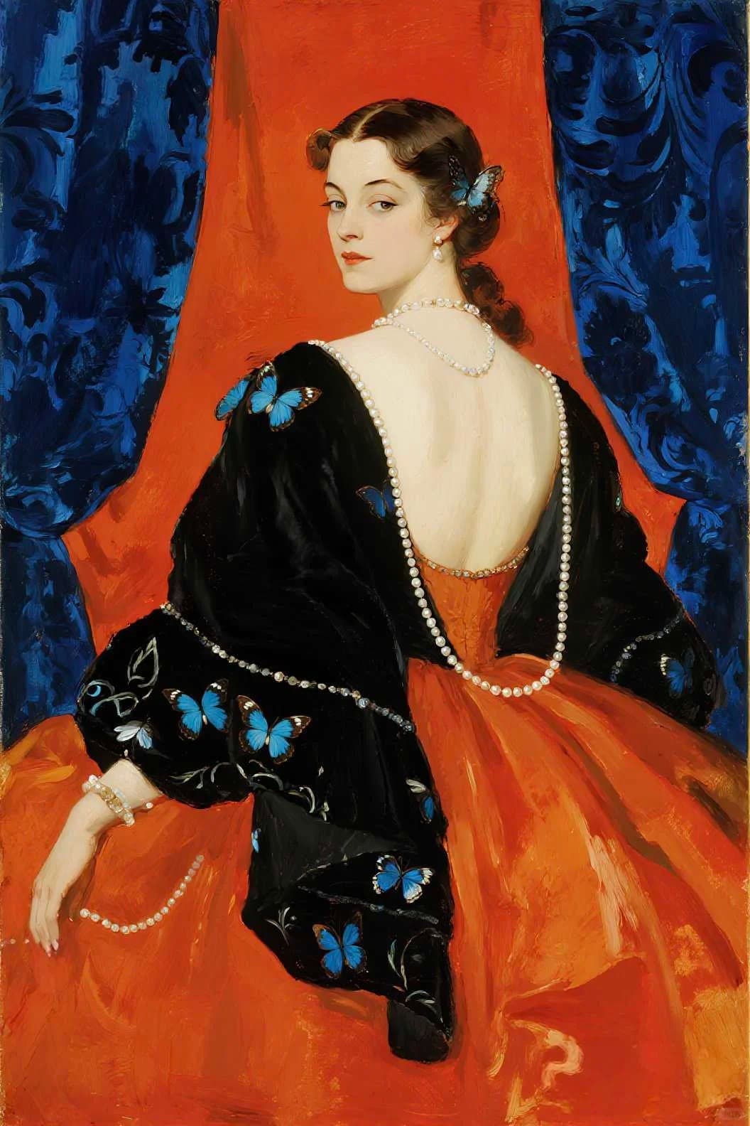 Oil-style portrait reference with a woman, blue butterflies, and a red-orange field