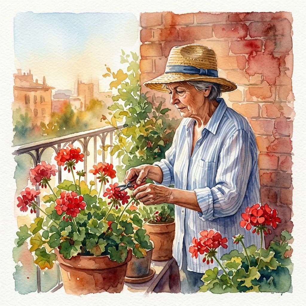 Watercolor-style portrait reference of an older gardener among red flowers