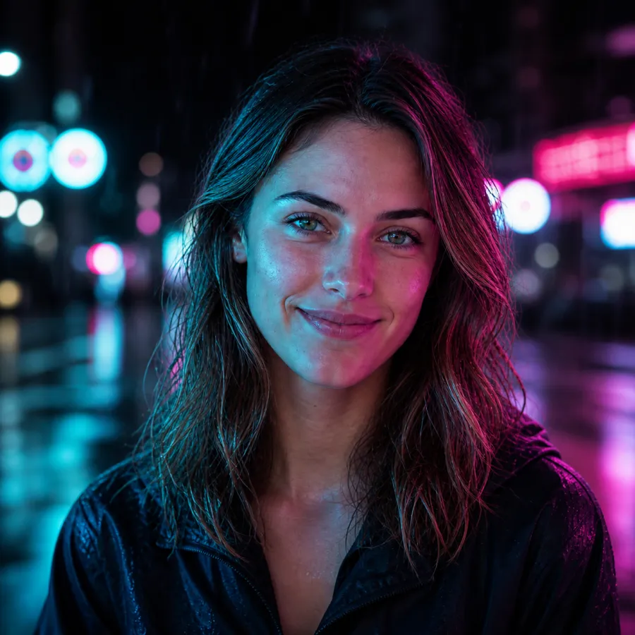 Avatar de perfil con lluvia de neón que conserva la identidad del modelo de demostración creado con IA