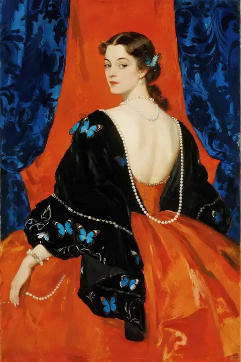 Referencia de estilo: Retrato al óleo con mariposas vivas