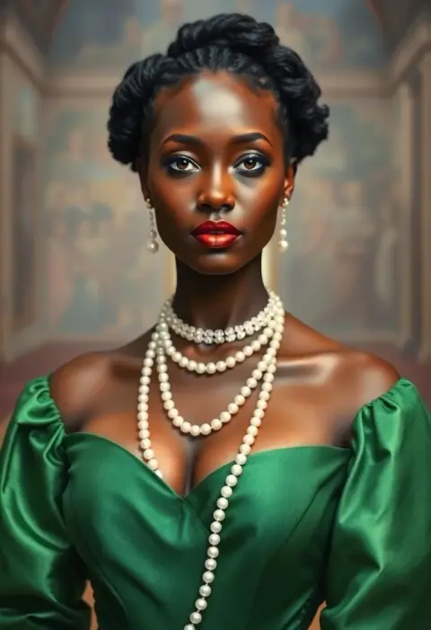 Referencia de estilo: Retrato de corte con perlas esmeralda